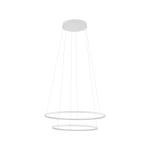 Lampa wisząca LED Circolo D60 o mocy 67W i temperaturze barwowej 3000K. Biała konstrukcja z podwójnym okręgiem, zawieszona na cienkich żyłkach, zamontowana na okrągłej podstawie sufitowej. Prosty, nowoczesny design na jasnym tle.