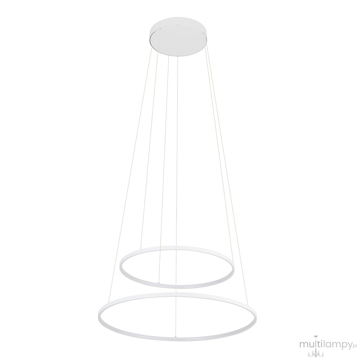Lampa wisząca LED Circolo D60 o mocy 67W, w kolorze białym. Posiada dwa okrągłe pierścienie zawieszone na cienkich linkach, montowane do sufitu. Oświetlenie o temperaturze barwowej 3000K, idealne do nowoczesnych wnętrz.