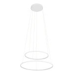 Lampa wisząca LED Circolo D60 o mocy 67W, w kolorze białym. Posiada dwa okrągłe pierścienie zawieszone na cienkich linkach, montowane do sufitu. Oświetlenie o temperaturze barwowej 3000K, idealne do nowoczesnych wnętrz.