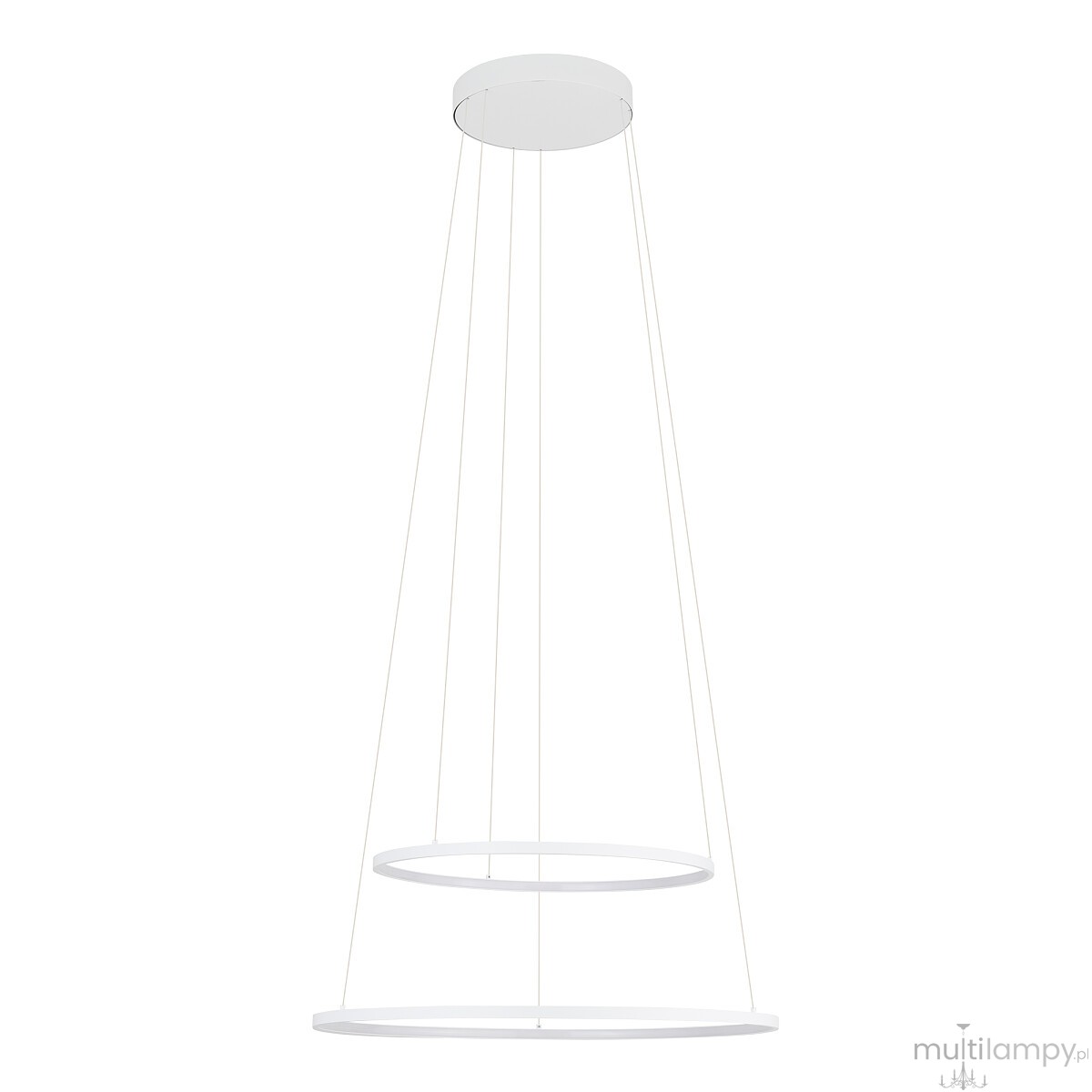 Lampa wisząca LED Circolo D60 o mocy 67W, z dwoma okrągłymi pierścieniami w kolorze białym, zawieszona na cienkich żyłkach. Źródło światła o temperaturze 3000K, zamontowane na okrągłej podstawie sufitowej. Prosta, nowoczesna forma.