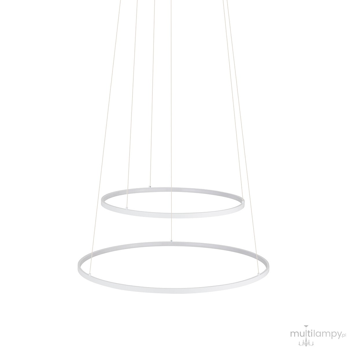Lampa wisząca LED Circolo D60 o mocy 67W, barwie światła 3000K, w białym kolorze. Składa się z dwóch koncentrycznych okręgów zawieszonych na cienkich żyłkach, w minimalistycznym stylu, idealna do nowoczesnych wnętrz.