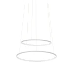 Lampa wisząca LED Circolo D60 o mocy 67W, barwie światła 3000K, w białym kolorze. Składa się z dwóch koncentrycznych okręgów zawieszonych na cienkich żyłkach, w minimalistycznym stylu, idealna do nowoczesnych wnętrz.