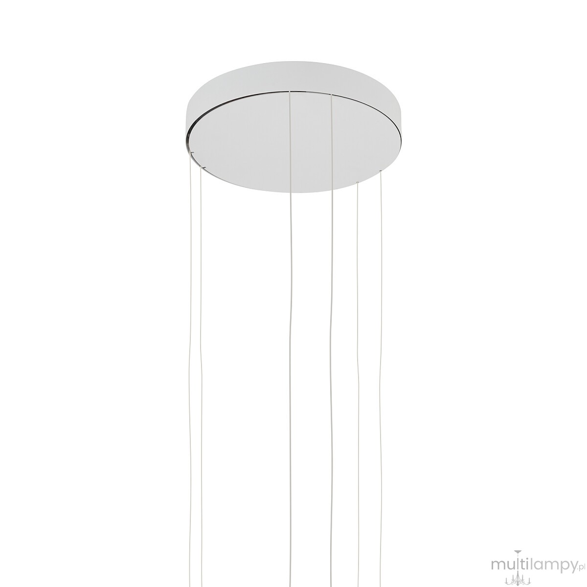 Lampa wisząca LED Circolo D60 o mocy 67W i barwie światła 3000K, w kolorze białym. Okrągła, płaska podsufitka z cienkimi przewodami. Produkt zawieszony w powietrzu, na jednolitym tle.