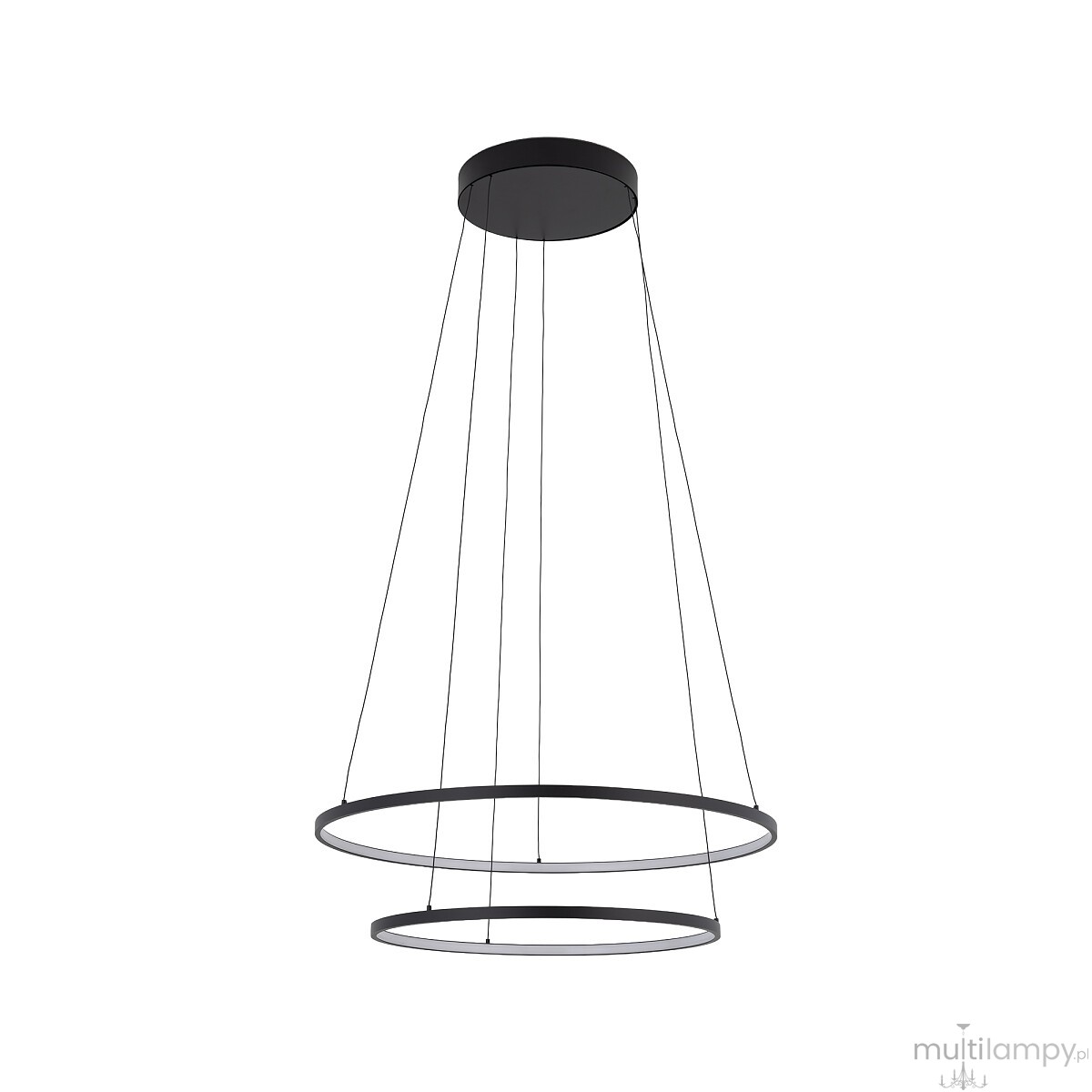 Lampa wisząca LED Circolo D60 o mocy 67W w kolorze czarnym, z podwójnym okrągłym kształtem. Zawieszona na cienkich linkach, z okrągłym mocowaniem sufitowym. Temperatura barwowa 3000K, idealna do nowoczesnych wnętrz.