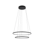 Lampa wisząca LED Circolo D60 o mocy 67W w kolorze czarnym, z podwójnym okrągłym kształtem. Zawieszona na cienkich linkach, z okrągłym mocowaniem sufitowym. Temperatura barwowa 3000K, idealna do nowoczesnych wnętrz.