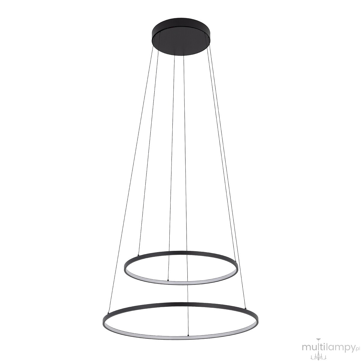 Lampa wisząca LED Circolo D60 w kolorze czarnym, o mocy 67W i temperaturze barwowej 3000K. Posiada dwa okrągłe pierścienie, zawieszone na cienkich linkach, montowane do sufitu. Prosty, nowoczesny design, idealny do nowoczesnych wnętrz.