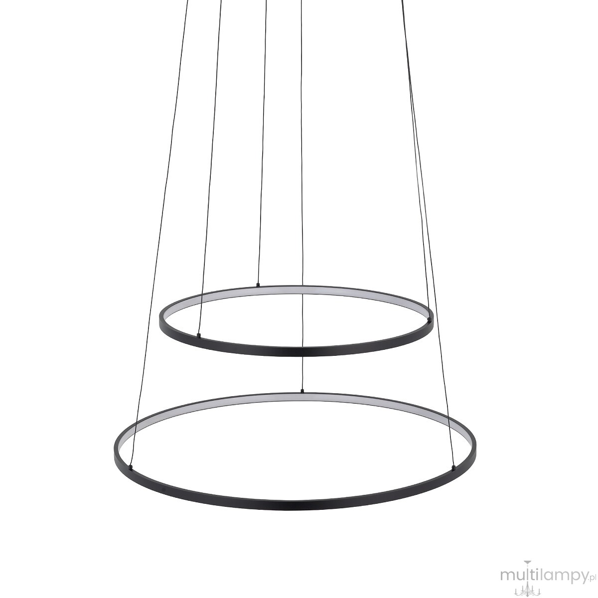Lampa wisząca LED Circolo D60 o mocy 67W i temperaturze barwowej 3000K, w kolorze czarnym. Składa się z dwóch okrągłych ramion, zawieszonych na cienkich linkach, umieszczonych jedno pod drugim.