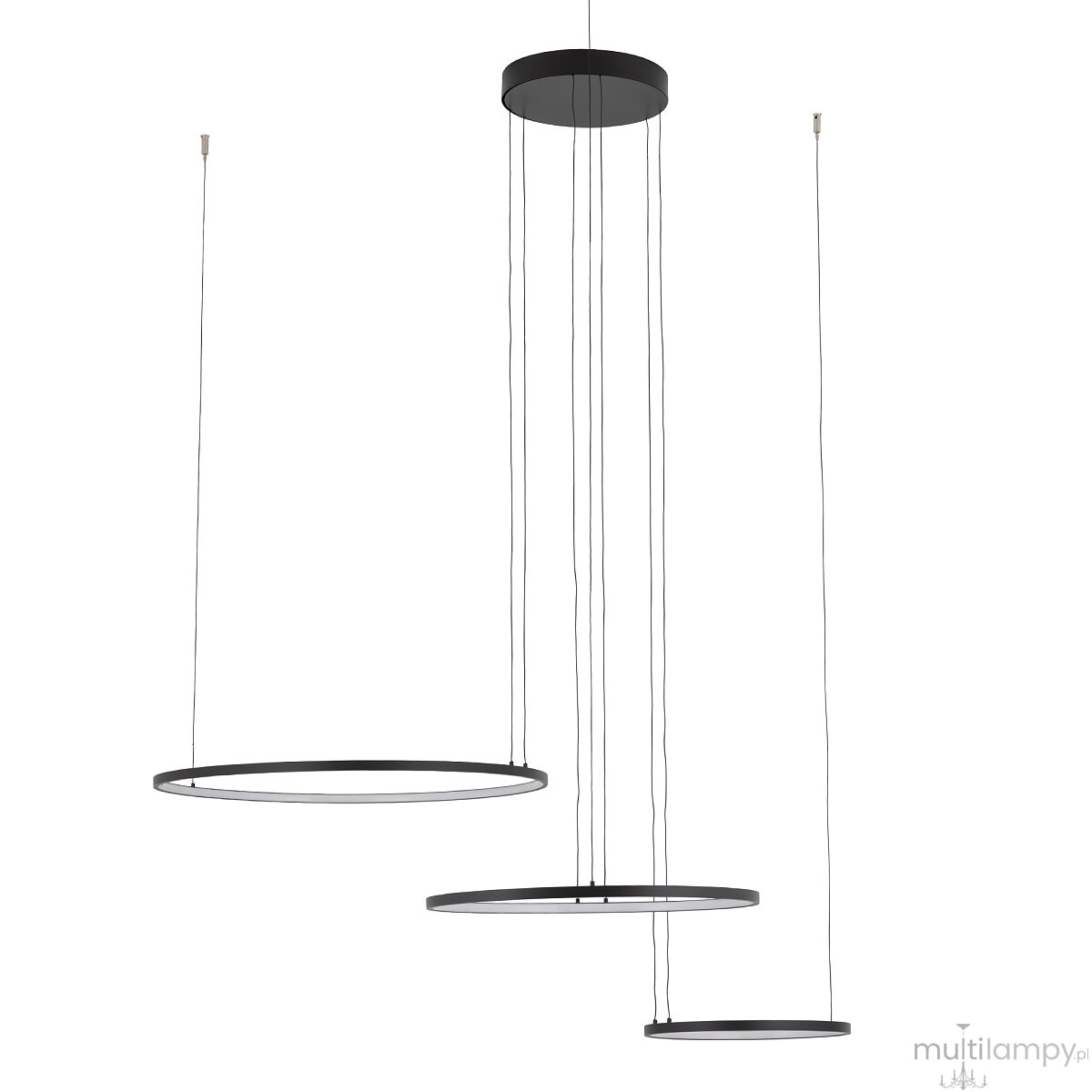 Lampa wisząca LED Circolo 85W 3000K w kolorze czarnym, składająca się z trzech okrągłych pierścieni zawieszonych na cienkich linkach. Ujęcie z przodu, ukazujące równoległe poziomy oraz prosty sufitowy uchwyt.