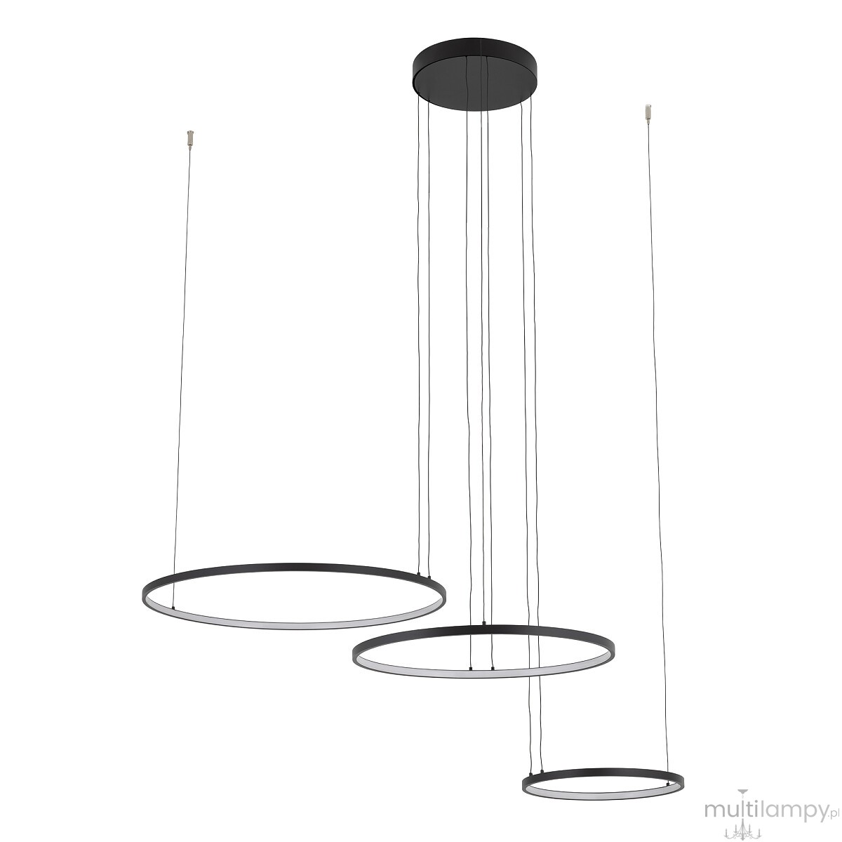 Lampa wisząca LED Circolo 85W 3000K w kolorze czarnym, składająca się z trzech okrągłych pierścieni o różnej średnicy, zawieszonych na cienkich linkach. Montaż na okrągłej podstawie sufitowej.