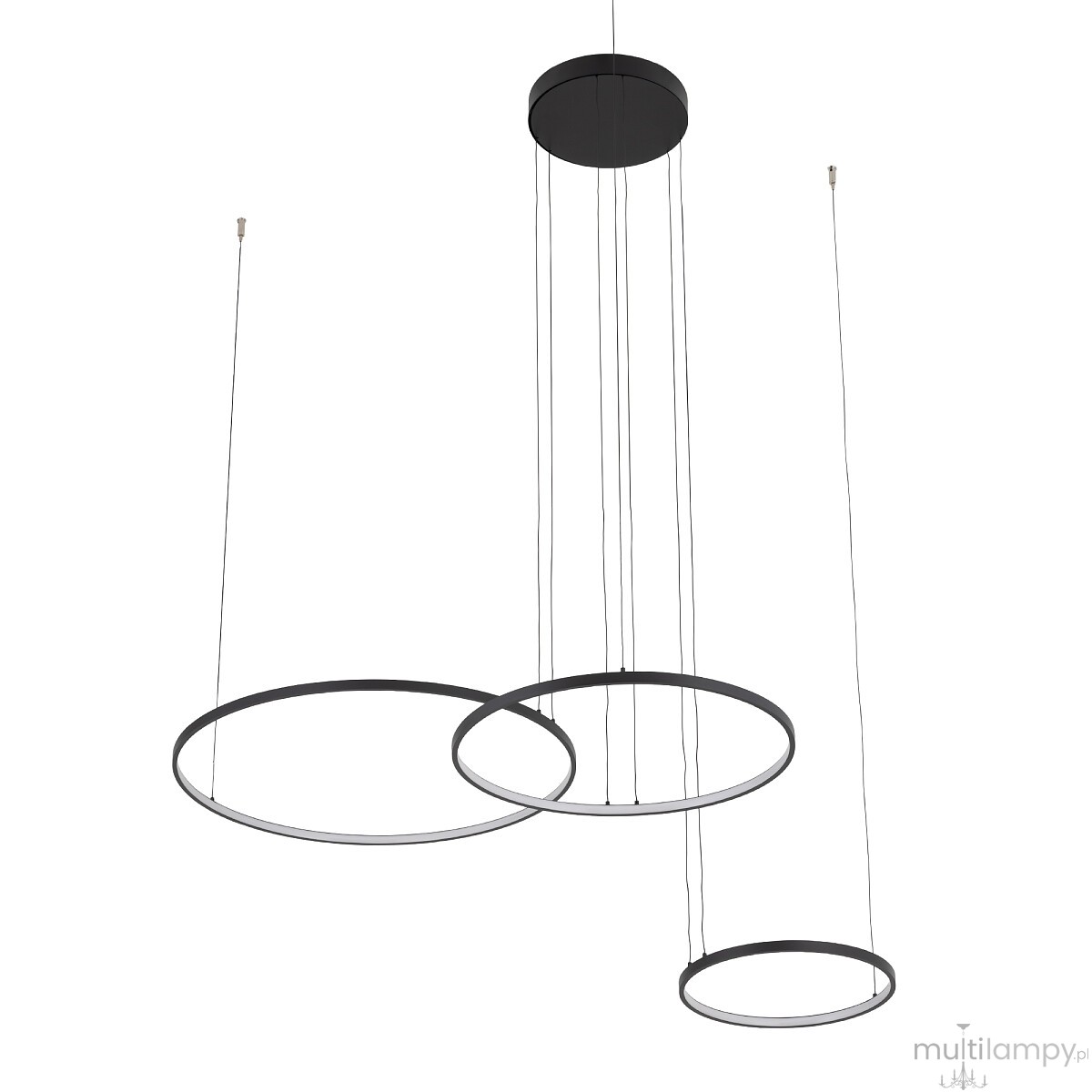 Lampa wisząca LED Circolo 85W w kolorze czarnym, z trzema okrągłymi pierścieniami w różnych rozmiarach, zawieszona na cienkich linkach. Oświetlenie o temperaturze barwowej 3000K, montowane do sufitu, idealne do nowoczesnych wnętrz.