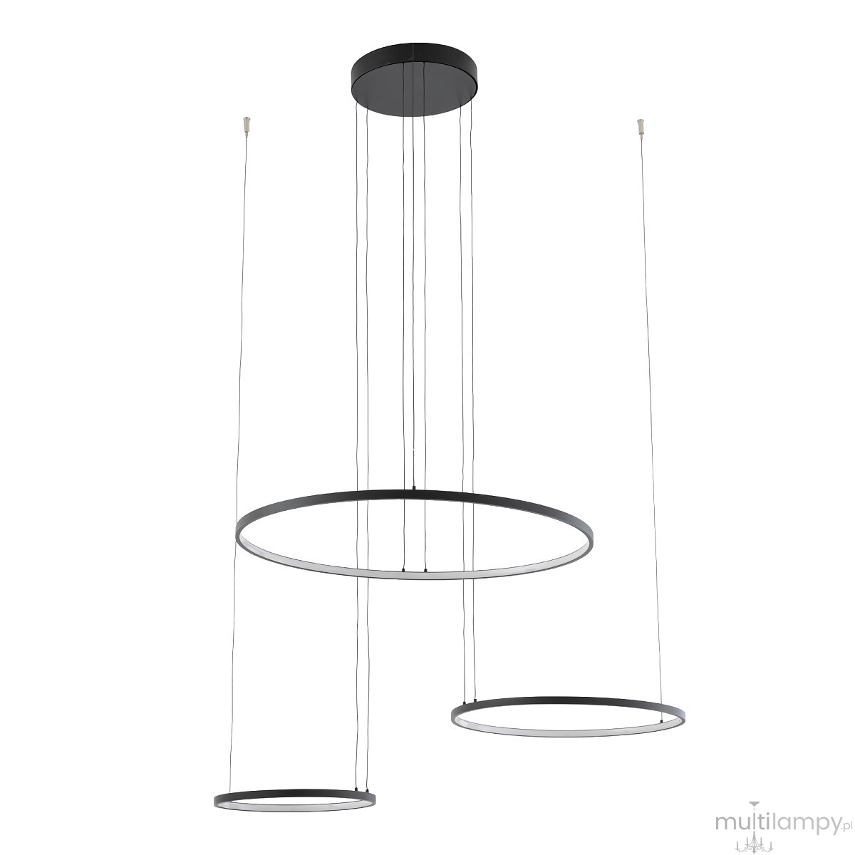 Lampa wisząca LED Circolo 85W w kolorze czarnym, składająca się z trzech okrągłych pierścieni o różnej średnicy, zawieszona na cienkich linkach. Źródło światła o temperaturze barwowej 3000K, montowana na suficie, z minimalistycznym designem.
