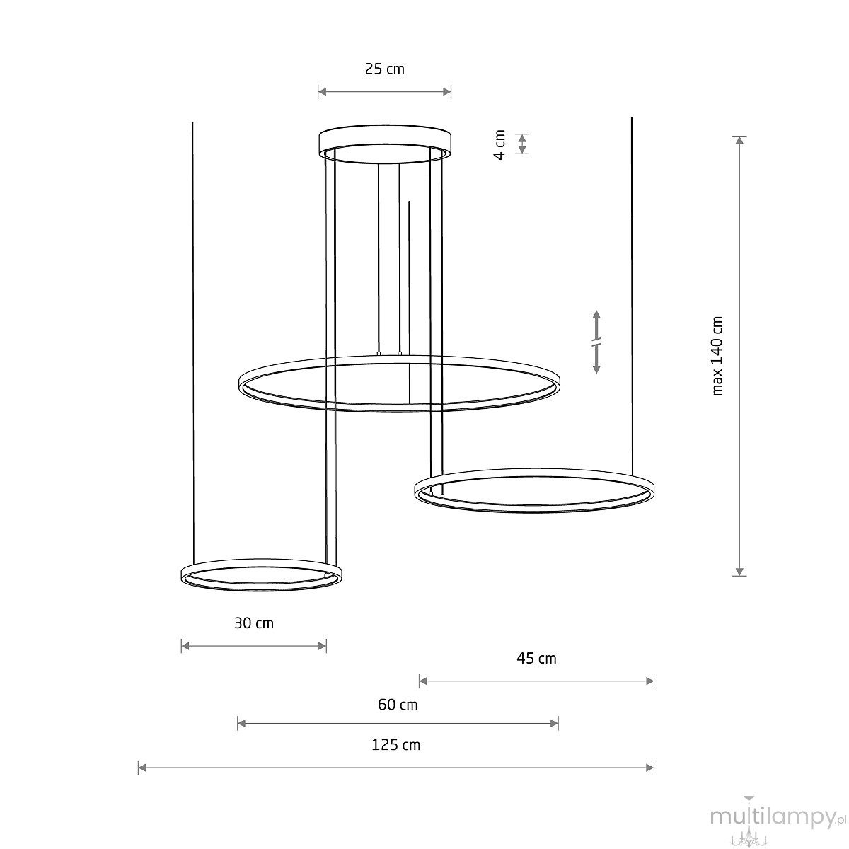 Lampa wisząca LED Circolo 85W w kolorze czarnym, o wymiarach maksymalnych 140 cm wysokości i średnicach 30 cm, 45 cm i 60 cm. Posiada trzy okrągłe elementy zawieszone na przezroczystych linkach. W kolorze światła 3000K.