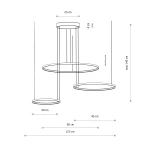 Lampa wisząca LED Circolo 85W w kolorze czarnym, o wymiarach maksymalnych 140 cm wysokości i średnicach 30 cm, 45 cm i 60 cm. Posiada trzy okrągłe elementy zawieszone na przezroczystych linkach. W kolorze światła 3000K.