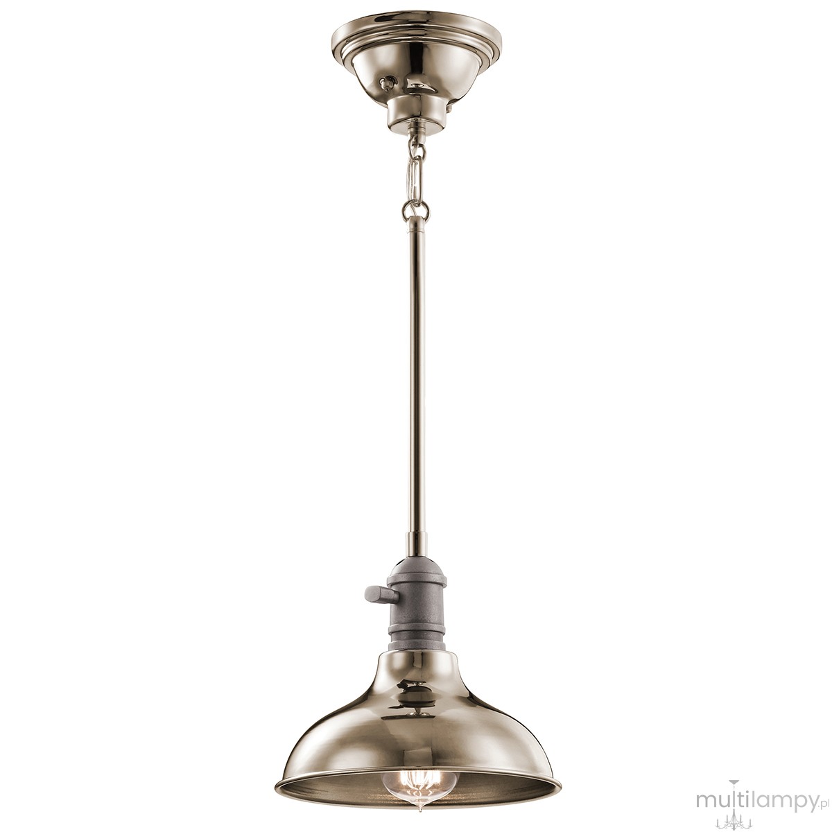 Lampa wisząca Cobson w kolorze polerowanego niklu, zawieszona na cienkim przewodzie. Posiada okrągły klosz z delikatnym wykończeniem oraz miejsce na żarówkę E27. Montaż sufitowy, styl industrialny, z widocznym elementem mocującym.