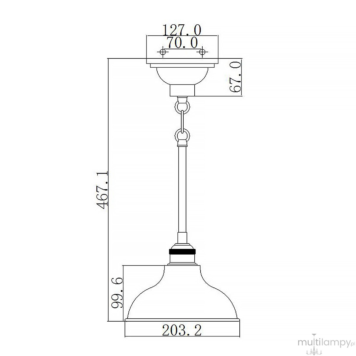 Lampa wisząca Cobson z polerowanego niklu, mocowana na długim łańcuchu. Okrągła podsufitka o średnicy 70 mm, klosz o średnicy 203,2 mm i wysokości 99,6 mm. Wysokość całkowita 467,1 mm. Przeznaczona na żarówkę E27.