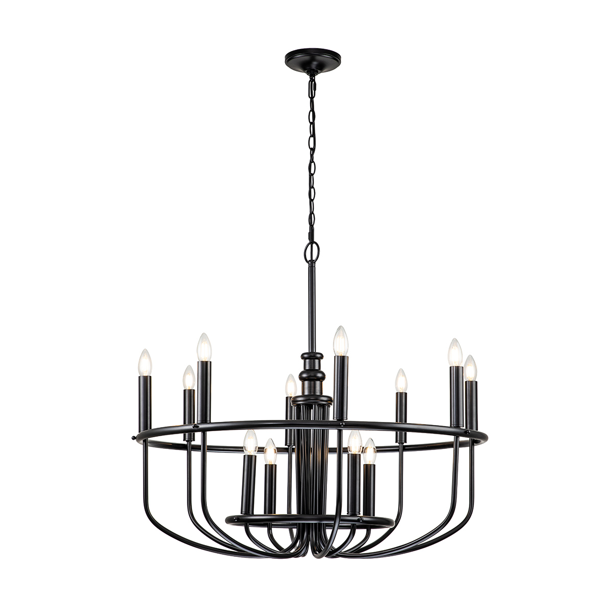 Czarny żyrandol Capitol Hill z 12 miejscami na żarówki E14. Okrągła konstrukcja z metalowymi ramionami, wisząca na łańcuchu. Elegancki design z klasycznymi, cylindrycznymi uchwytami na źródła światła, idealny do wnętrz w stylu industrialnym.