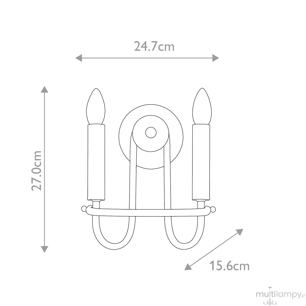 Kinkiet Capitol Hill w kolorze mosiądzu, z dwoma miejscami na żarówki E14. Wymiary: szerokość 24,7 cm, wysokość 27 cm, głębokość 15,6 cm. Okrągła podstawa i prosty, elegancki kształt.