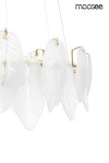 Lampa wisząca Roch 80 z 10 gniazdami E14, zawieszona na przezroczystych linkach. Klosz z przezroczystego szkła w kształcie liści, z delikatnym wzorem. Złote detale uzupełniają całość, tworząc elegancki wygląd.