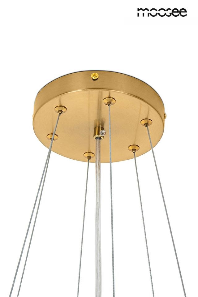 Lampa wisząca Roch 80 w kolorze złotym, z metalowym stelażem, z 10 gniazdami E14. Widok od góry ukazujący okrągłą, złotą podstawę z widocznymi mocowaniami i sześcioma przewodami zawieszenia.
