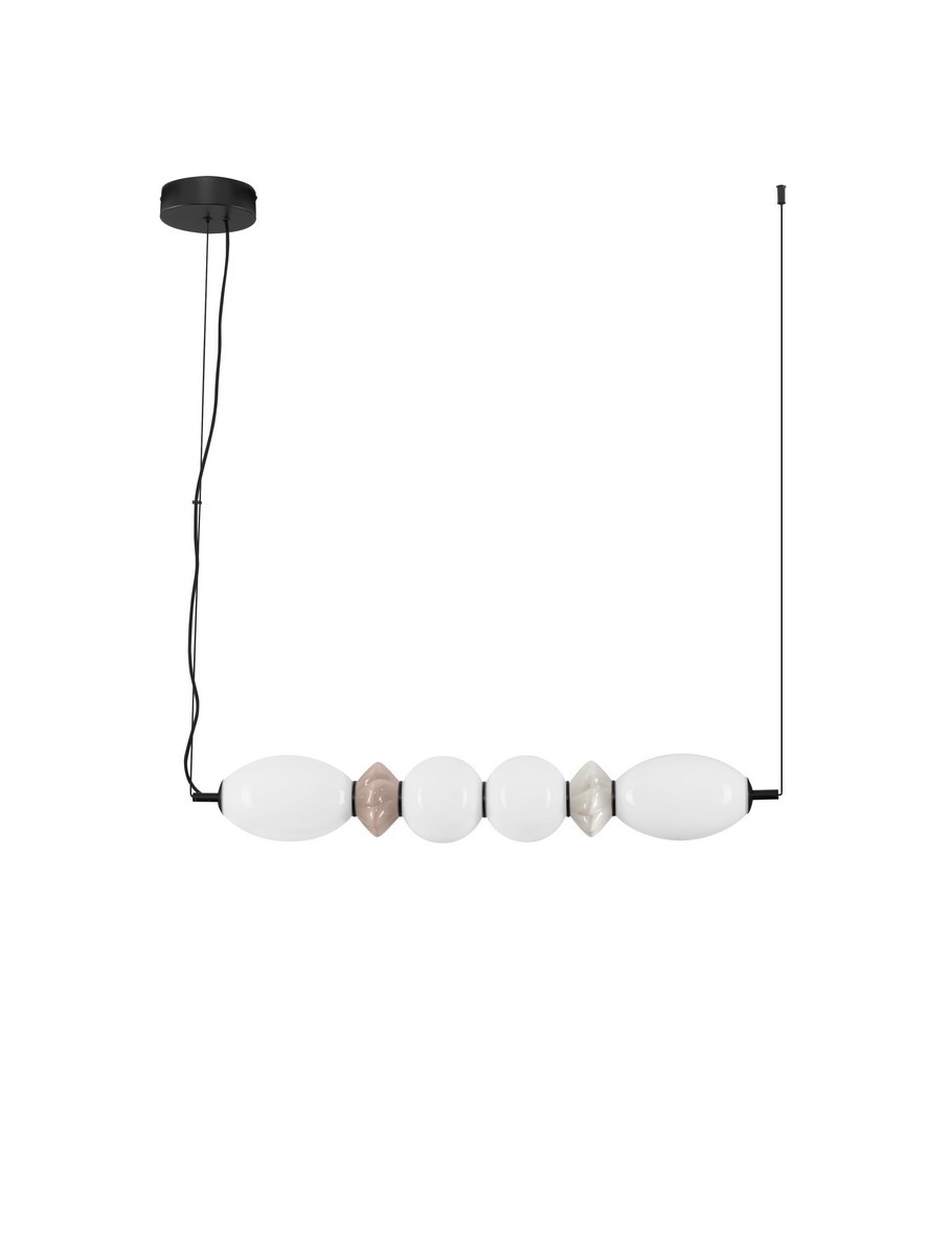 Lampa wisząca Monreta z jednym źródłem LED 28W w kolorze czarnym. Owalne elementy wykonane z białego szkła, w tym jeden w kolorze różowym i jeden w odcieniach szarości. Produkt zawieszony na czarnym przewodzie, z okrągłym mocowaniem sufitowym.