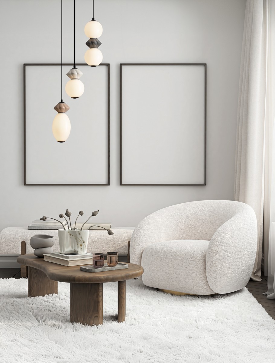 Lampa wisząca Monreta 3xLED 20W w kolorze czarnym z multikolorowymi kloszami. Zawieszona na długich linkach, w nowoczesnym wnętrzu z jasnymi ścianami i meblami w odcieniach bieli i drewna.