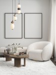 Lampa wisząca Monreta 3xLED 20W w kolorze czarnym z multikolorowymi kloszami. Zawieszona na długich linkach, w nowoczesnym wnętrzu z jasnymi ścianami i meblami w odcieniach bieli i drewna.
