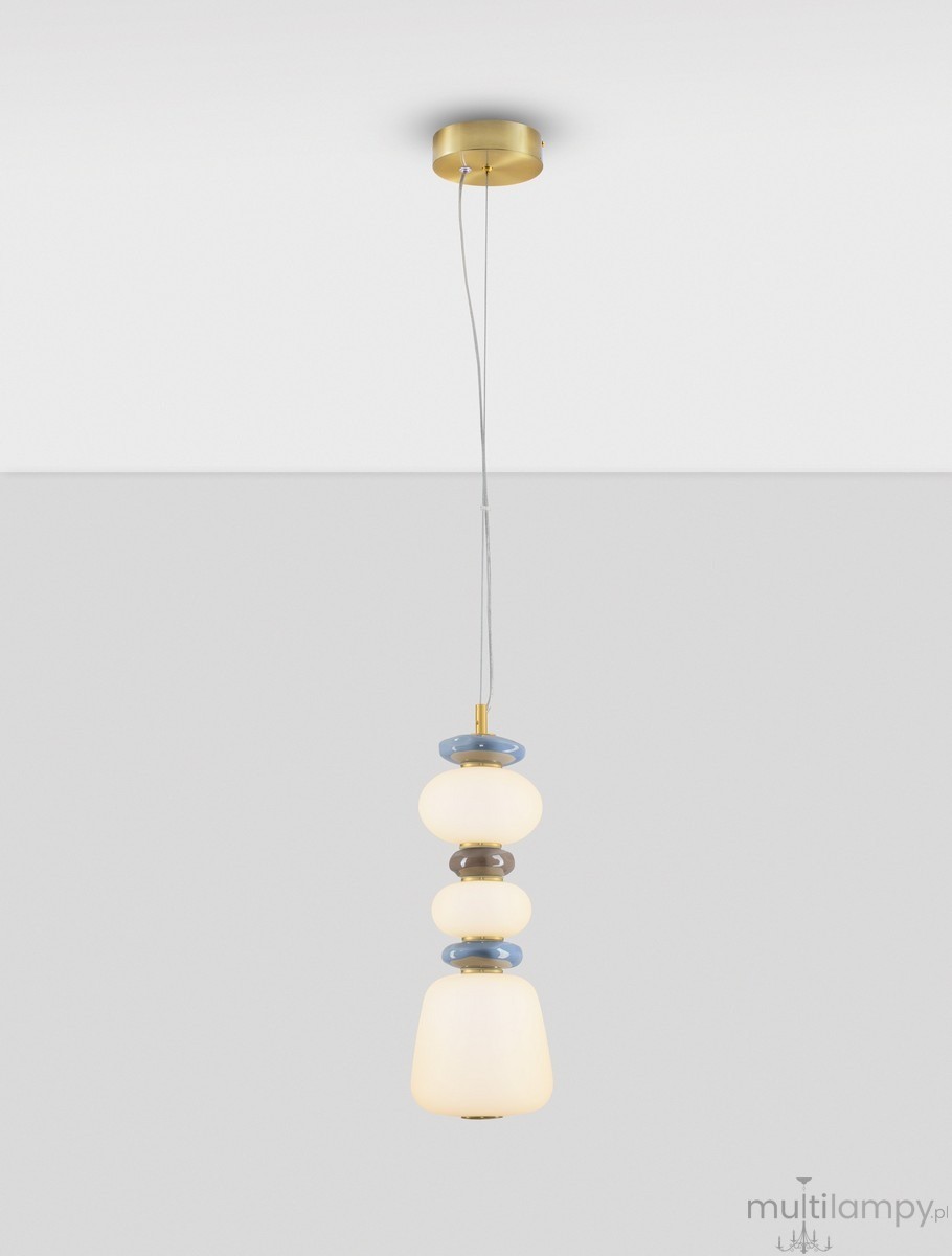 Lampa wisząca Felanzo 1xLED 20W w złotym wykończeniu z multikolorowymi detalami. Stylowy kształt z różnymi okrągłymi elementami szklanymi, zawieszona na cienkim przewodzie, idealna do nowoczesnych wnętrz.
