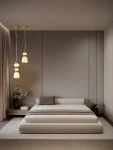 Lampa wisząca Felanzo 1xLED 20W w złotym kolorze, z multikolorowym kloszem, zawieszona w pokoju. Widoczne są trzy klosze o różnych kształtach, w tle minimalistyczne wnętrze z łóżkiem i zasłonami.