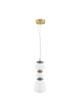 Lampa wisząca Felanzo z jedną żarówką LED 20W, złota z multikolorowymi elementami. Kształt złożony z białych i niebieskich detali, zawieszona na cienkim przewodzie, z metalowym mocowaniem sufitowym. Na prostym, białym tle.
