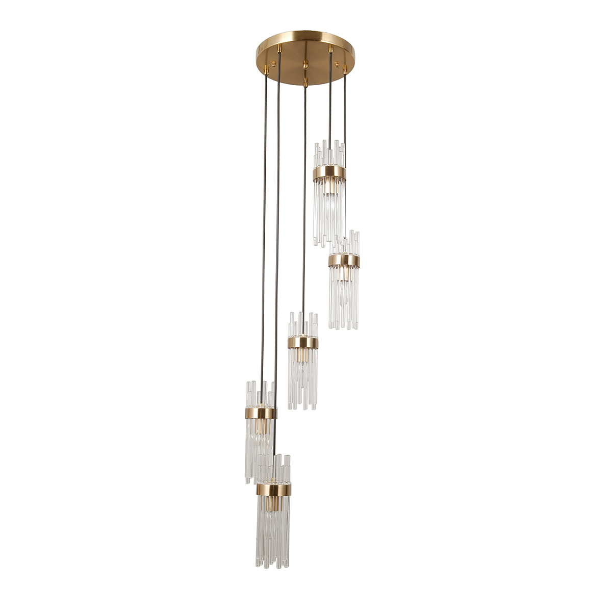 Lampa wisząca Taraso 5xE14 w kolorze złotym, z pięcioma szklanymi kloszami w formie pionowych prętów, zawieszona na cienkich linkach. Okrągła, złota podsufitka, nowoczesny design, idealna do salonu lub jadalni.