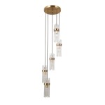 Lampa wisząca Taraso 5xE14 w kolorze złotym, z pięcioma szklanymi kloszami w formie pionowych prętów, zawieszona na cienkich linkach. Okrągła, złota podsufitka, nowoczesny design, idealna do salonu lub jadalni.