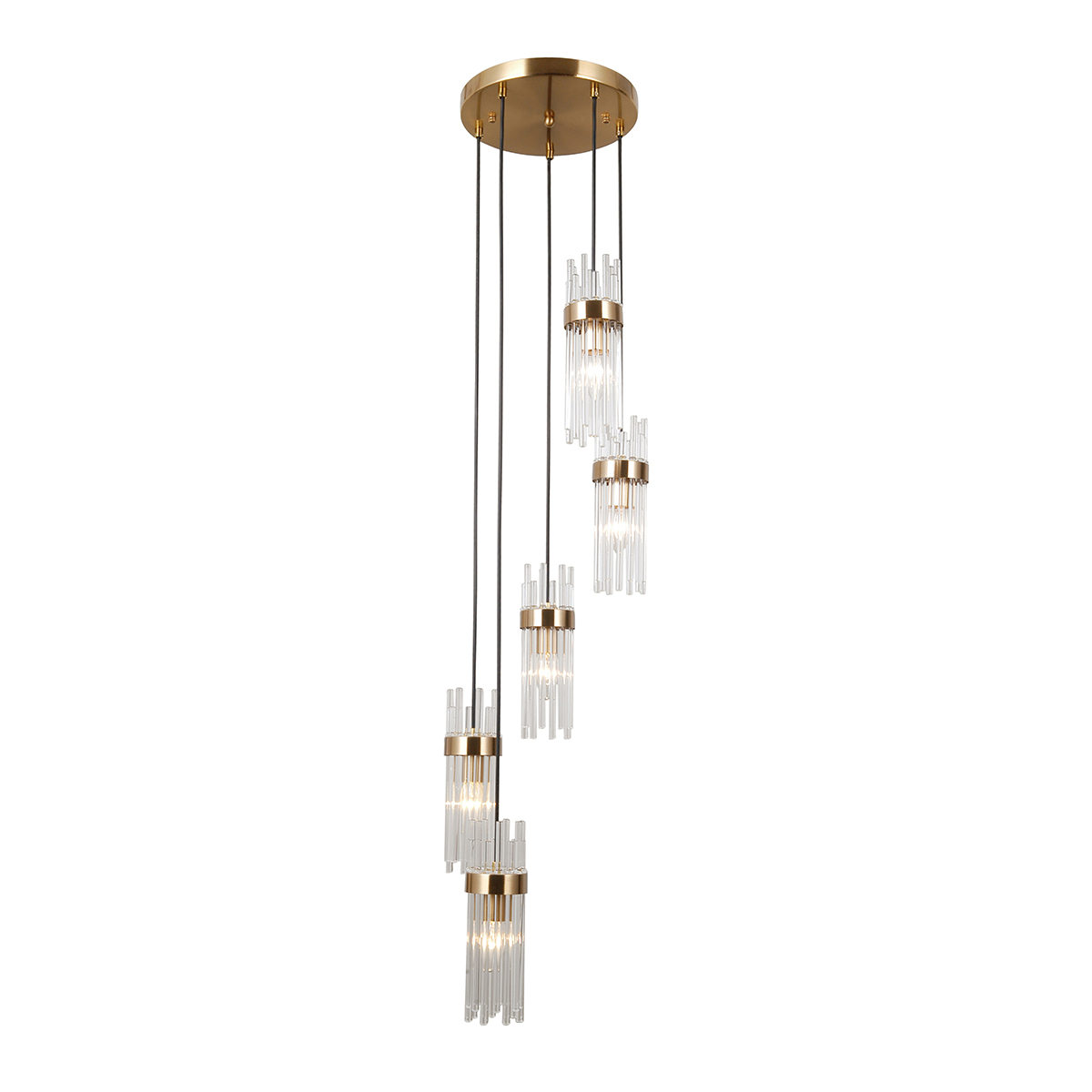 Lampa wisząca Taraso z pięcioma kloszami E14, złota, z przezroczystymi, szklanymi elementami. Klosze zawieszone na cienkich linkach, wiszące z okrągłego mocowania sufitowego. Nowoczesny design, idealna do aranżacji wnętrz.