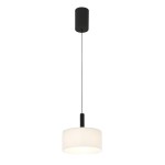 Lampa wisząca LED Austis 8W CCT w kolorze czarnym z cylindrycznym, matowym kloszem w bieli. Produkt zawieszony na cienkim, czarnym przewodzie, z okrągłym, czarnym mocowaniem sufitowym. Idealna do nowoczesnych wnętrz.