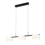 Lampa wisząca LED Austis 24W z trzema białymi kloszami w kształcie cylindrów, zawieszona na czarnej metalowej belce. Klosze są matowe, a lampa ma regulowaną długość zawieszenia, co umożliwia dostosowanie do wnętrza.