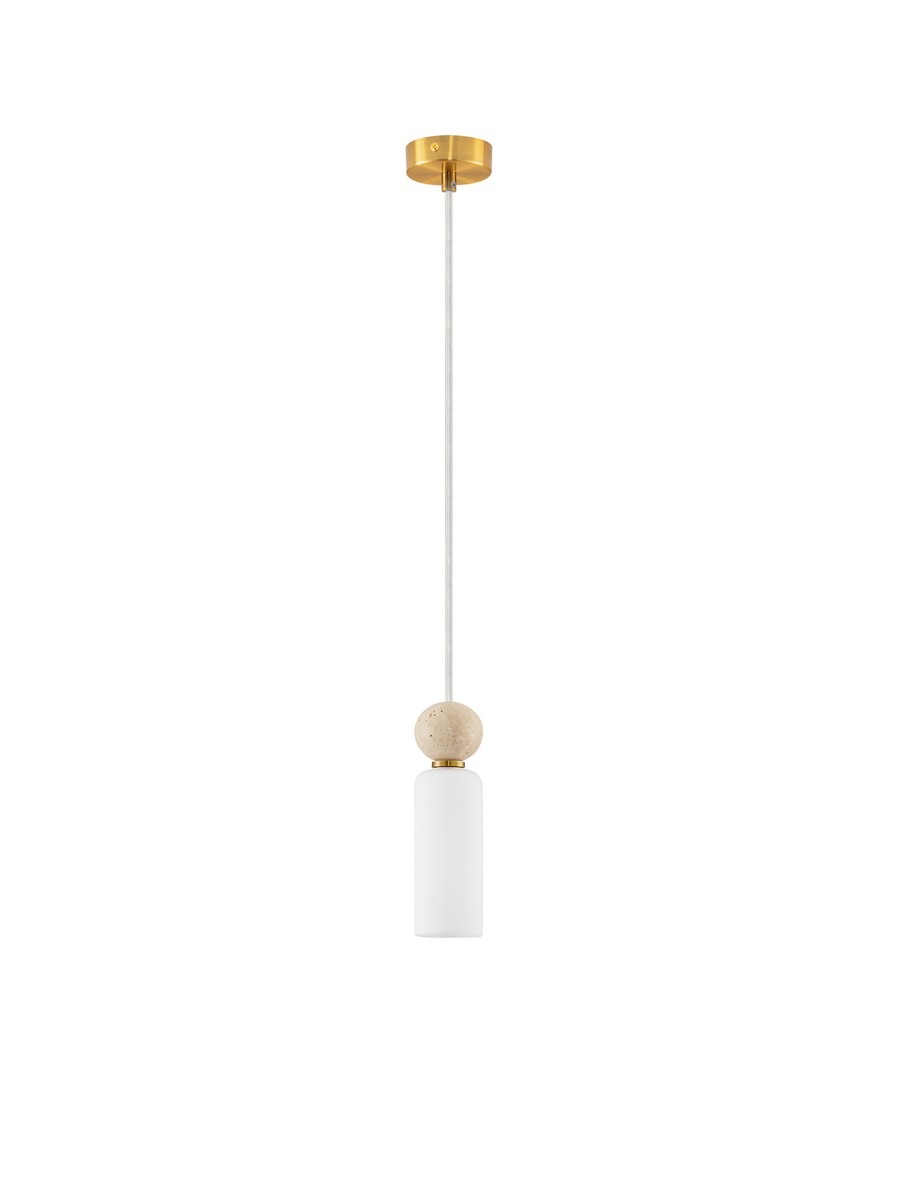 Lampa wisząca Corvizo 1xG9 w złotym kolorze, z białym kloszem i drewnianą dekoracją. Wisi na cienkim przewodzie. Klosz ma cylindryczny kształt, a element drewniany jest okrągły. Prosta forma, idealna do nowoczesnych wnętrz.