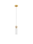 Lampa wisząca Corvizo 1xG9 w złotym kolorze, z białym kloszem i drewnianą dekoracją. Wisi na cienkim przewodzie. Klosz ma cylindryczny kształt, a element drewniany jest okrągły. Prosta forma, idealna do nowoczesnych wnętrz.