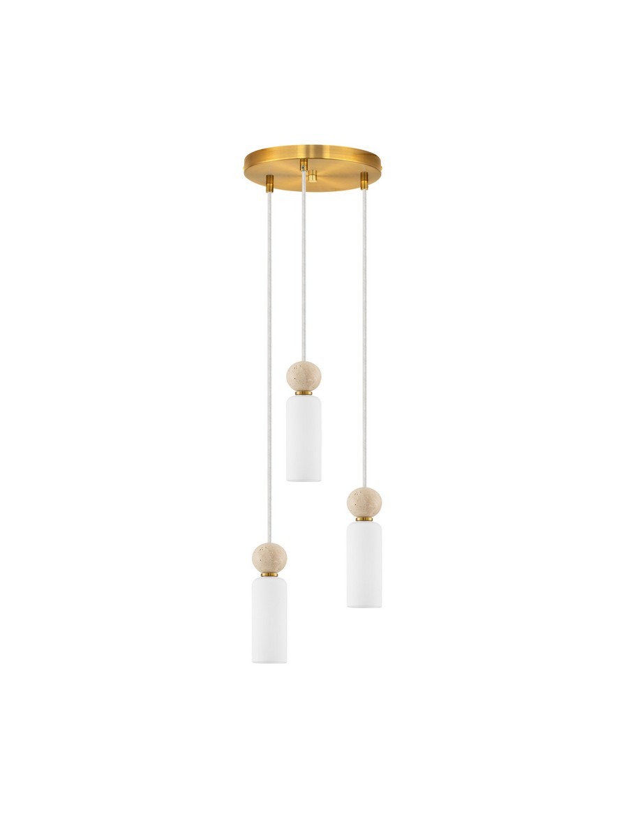 Lampa wisząca Corvizo 3xG9 w złotej oprawie, zawieszona na białych linkach. Posiada trzy białe, cylindryczne klosze z drewnianymi kulkami na górze. Prosta, nowoczesna forma idealna do aranżacji wnętrz.