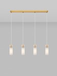 Lampa wisząca Corvizo 4xG9 w kolorze złotym, z czterema cylindrycznymi kloszami z matowego szkła zawieszonymi na długich, przezroczystych linkach. Każdy klosz zakończony drewnianą kulą. Ujęcie frontalne na prostokątną podstawę.