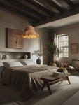 Lampa wisząca Fanliza z kloszem w kolorze czarnym, wykonana z hiacyntu wodnego, zawieszona nad łóżkiem w sypialni. Klosz ma okrągły kształt i frędzle, tworząc naturalny efekt. W tle widoczne naturalne materiały i spokojne aranżacje.