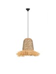Lampa wisząca Fanliza z kloszem w kształcie dzwonu, wykonana z wodnego hiacyntu w naturalnym kolorze, z niebieskimi akcentami. Zawieszona na czarnym przewodzie, z metalowym mocowaniem na suficie. Idealna do nowoczesnych wnętrz.