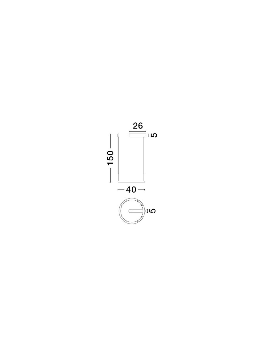 Lampa wisząca Carenso 1xLED 29W w kolorze czarnym, o wymiarach 150 cm długości i 26 cm szerokości, z okrągłym kloszem o średnicy 40 cm. Produkt zawiera elementy montażowe i jest zawieszony w pozycji wiszącej.