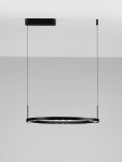 Czarna lampa wisząca Carenso z jednym źródłem LED o mocy 34W. Okrągły kształt, minimalistyczny design, zawieszona na cienkich linkach, z widocznymi punktami świetlnymi. Idealna do nowoczesnych wnętrz.
