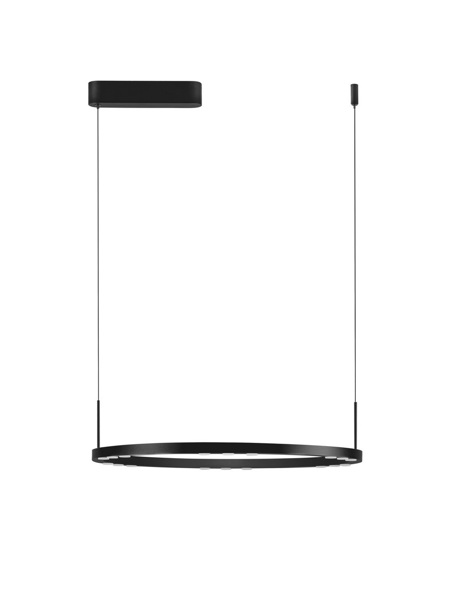 Lampa wisząca Carenso 1xLED 34W w kolorze czarnym, o okrągłym kształcie. Zawieszona na cienkim przewodzie, z prostokątnym elementem mocującym. Minimalistyczny design, idealna do nowoczesnych wnętrz.