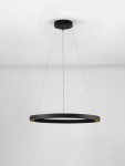 Czarna lampa wisząca Tarvana z jedną diodą LED 27W, w kształcie okręgu, zawieszona na cienkich linkach. Wnętrze lampy ma złote wykończenie, co kontrastuje z matową powierzchnią. Lampa znajduje się na jasnym tle, co podkreśla jej nowoczesny design.