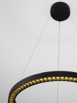 Lampa wisząca Tarvana 1xLED 27W w kolorze czarnym. Okrągła konstrukcja z detalami w kolorze złotym, zawieszona na cienkich przewodach. Widoczne mocowanie sufitowe w czarnym kolorze.