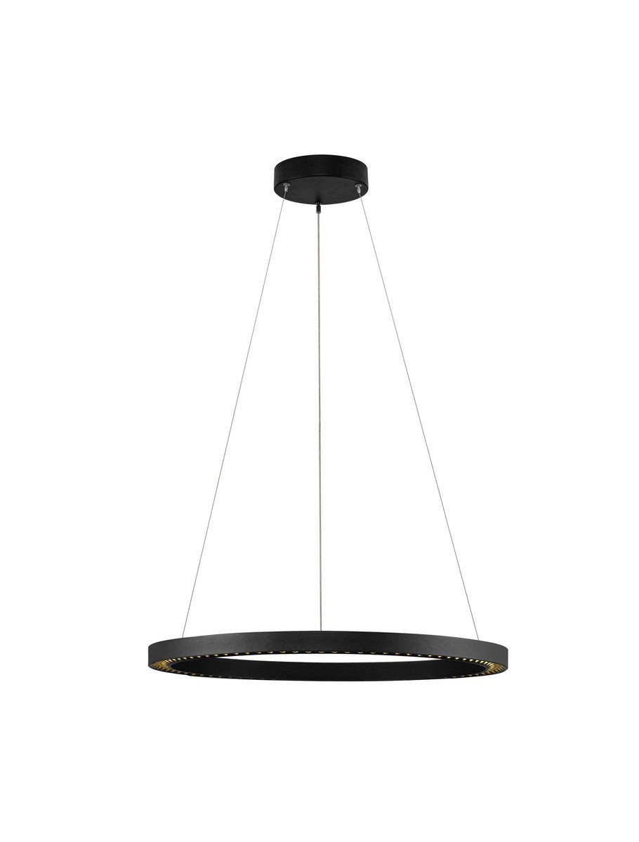 Lampa wisząca Tarvana 1xLED 27W w kolorze czarnym, o okrągłym kształcie, zawieszona na cienkich linkach. Złote detale wzdłuż krawędzi, minimalistyczny design, idealna do nowoczesnych wnętrz. Ujęcie frontalne na białym tle.