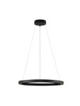 Lampa wisząca Tarvana 1xLED 27W w kolorze czarnym, o okrągłym kształcie, zawieszona na cienkich linkach. Złote detale wzdłuż krawędzi, minimalistyczny design, idealna do nowoczesnych wnętrz. Ujęcie frontalne na białym tle.