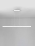 Lampa wisząca Tarvana 1xLED 27W w kolorze białym, o prostokątnym, minimalistycznym designie. Zawieszona na dwóch cienkich, białych linkach, zamontowana na prostokątnej podstawie sufitowej. Tło w odcieniu szaro-białym.