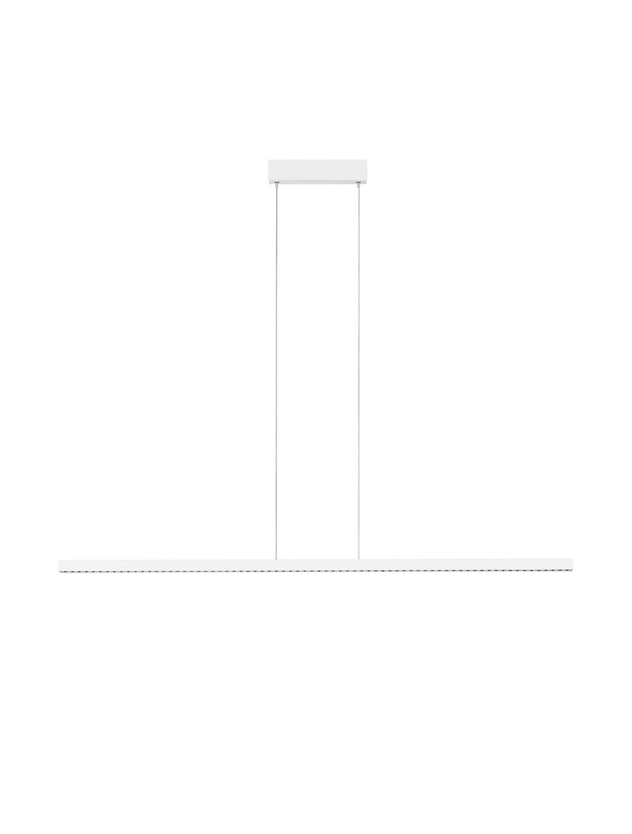 Lampa wisząca Tarvana 1xLED 27W w kolorze białym, o prostokątnym kształcie, zawieszona na dwóch linkach. Prosty, minimalistyczny design z płaskim stelażem i widocznym źródłem światła LED. Tło neutralne, białe.