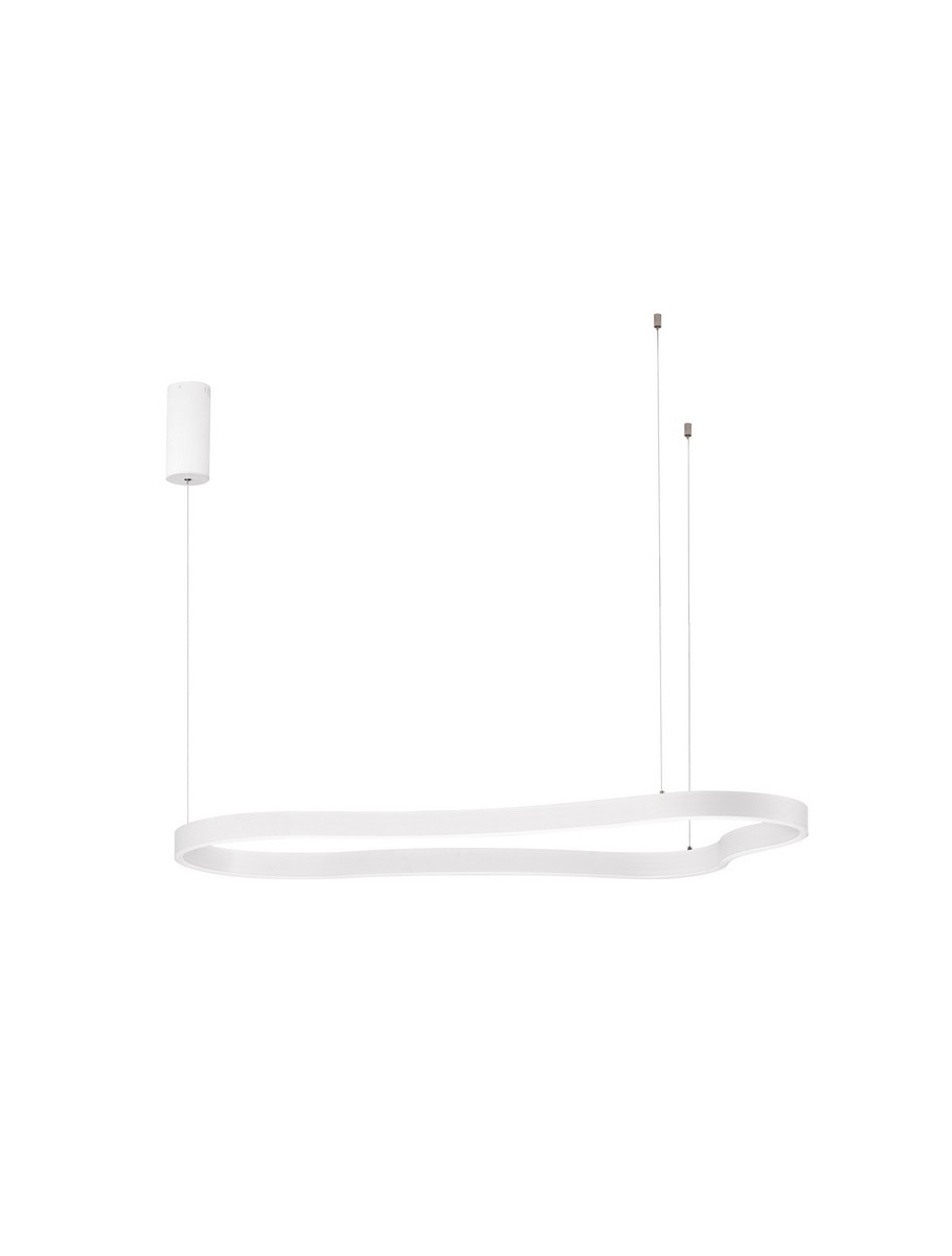 Lampa wisząca Velbano w kolorze białym z jedną diodą LED 61W. Ma nowoczesny, falisty kształt oraz cylindryczny element mocujący. Zawieszona na cienkich linkach, prezentuje minimalistyczny design. Tło proste, białe.